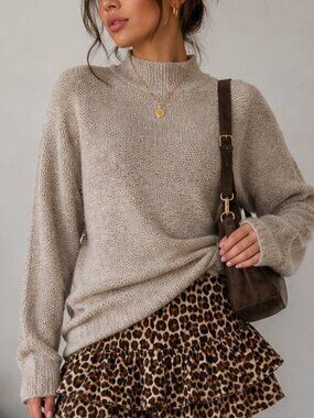 Zara Knit Oversized Sweater Size S Beige Oatmeal Mock Neck Slouchy Cozy Jumper
